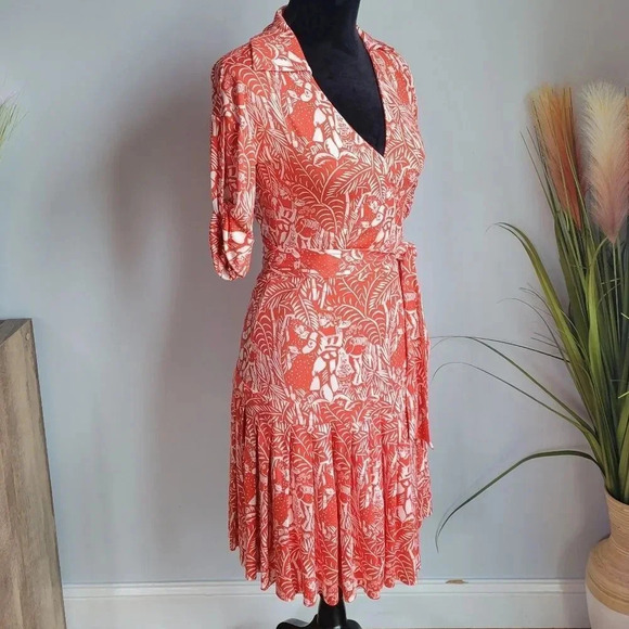 Diane Von Furstenberg, Shilo Silk Orange White Tropical Wrap Dress, Size 2 - Picture 5 of 11